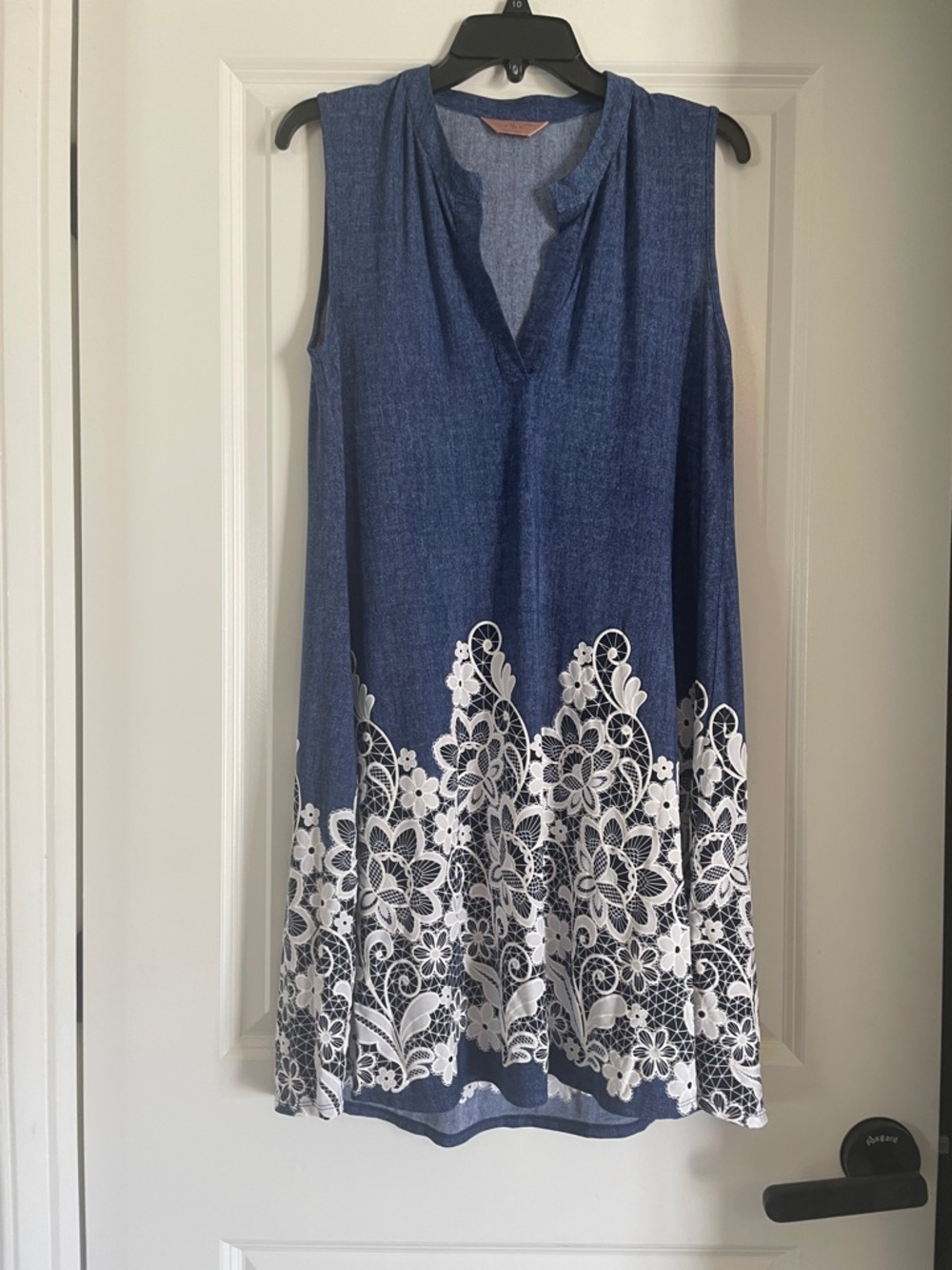 Blue Sleeveless Shift Dress with White Floral Border